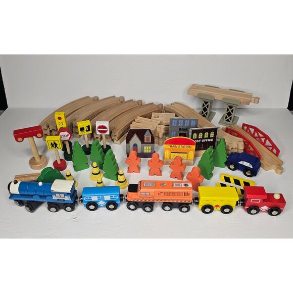 Lot of 63 Pieces Wooden Train Set Track Accessories People Signs Trees Gift - Picture 1 of 11